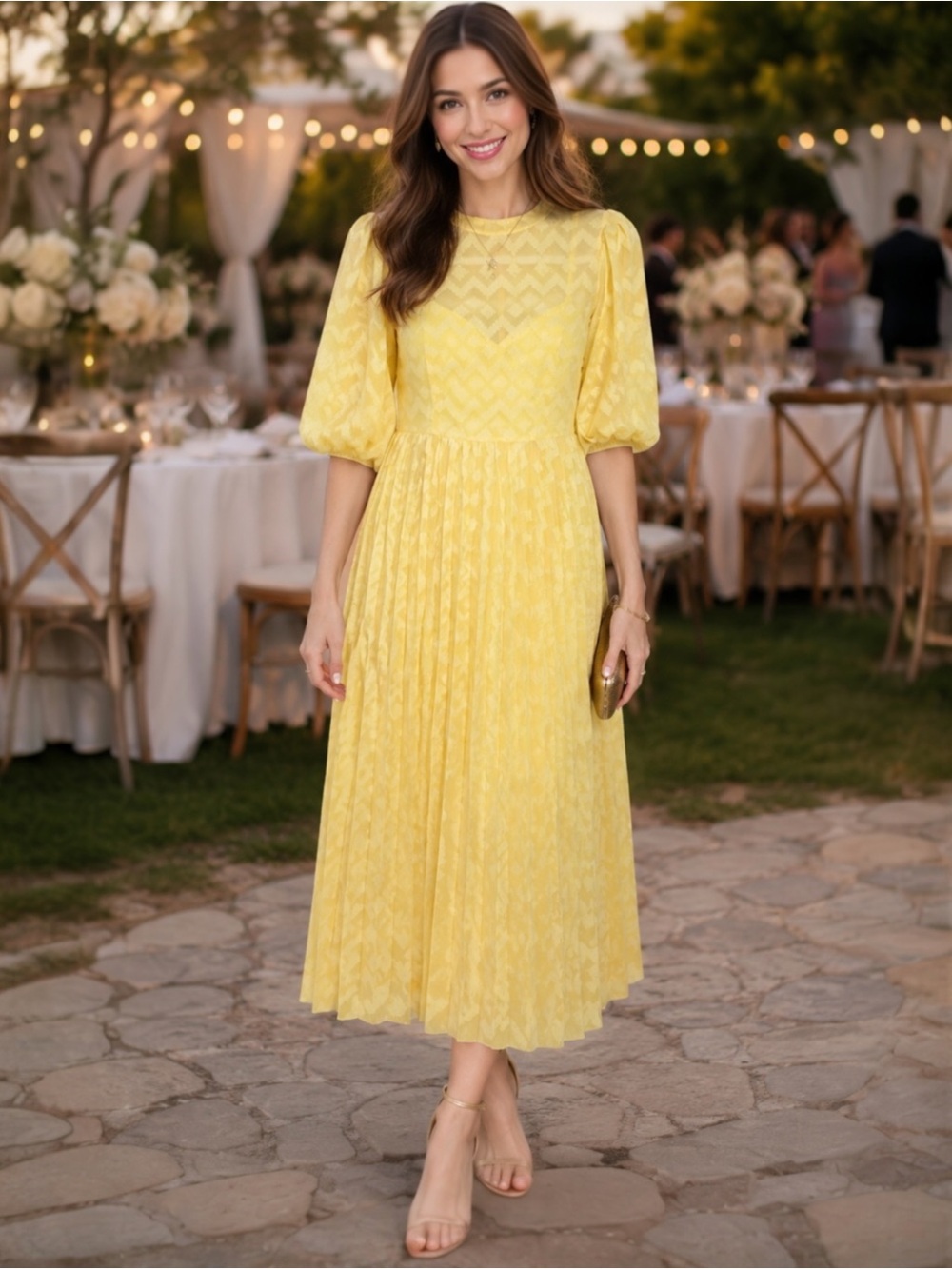 ASOS Puff-Sleeve Chevron Print Midi Dress Yellow Wedding guest 4